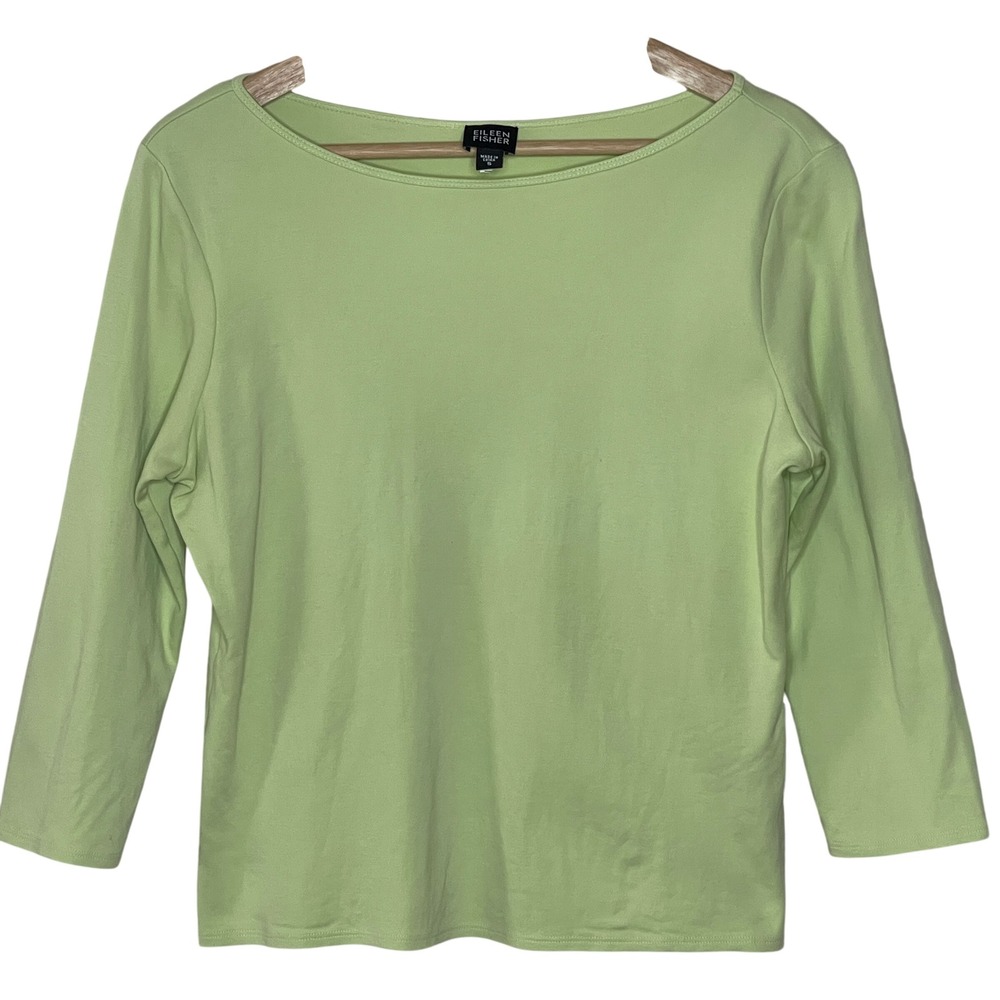 Eileen Fisher Womens Small Lime Green 100% Cotton Boat Neck 3/4 Sleeve Top